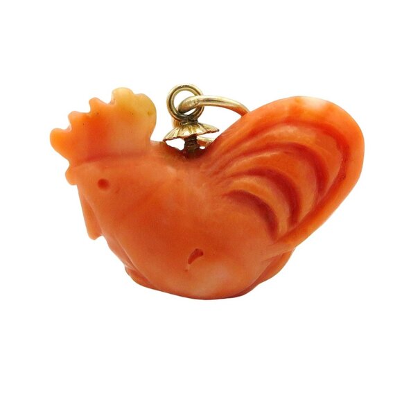 Jewelry - Vintage Art Deco Era 14K Gold & Carved Coral Mother Hen Chicken Charm